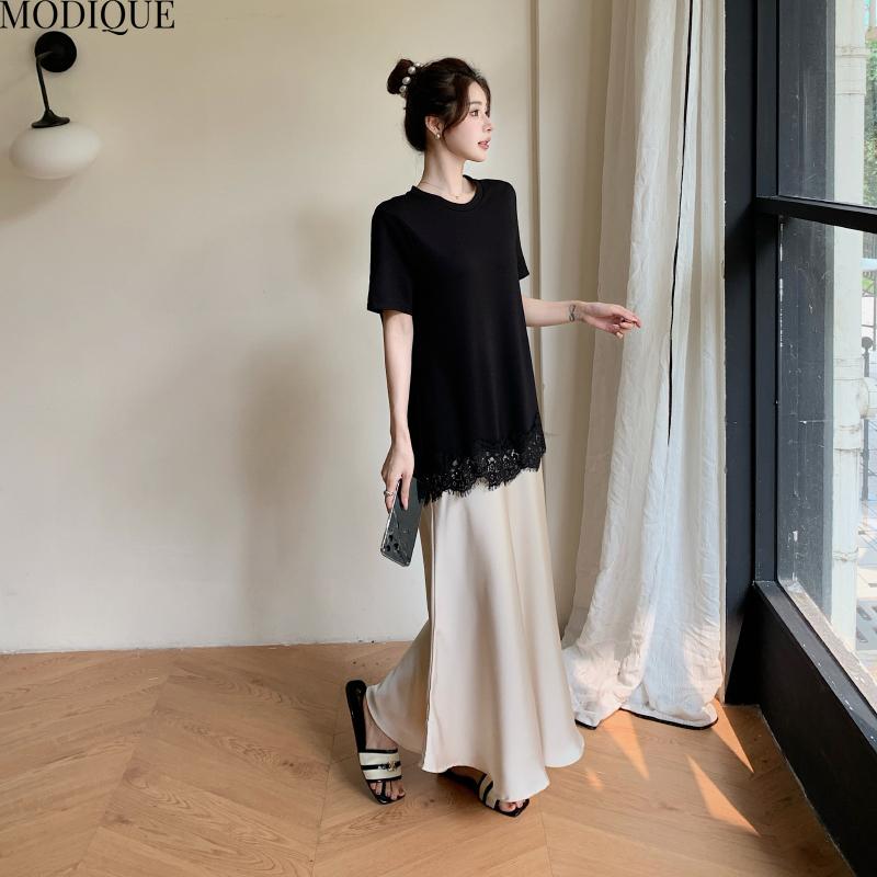 MODIQUE Summer Plus Size New Women Loose Elegant T-Shirt Lace Silk Skirt Patchwork Long Dress Female Short Sleeve O-Neck Dresses