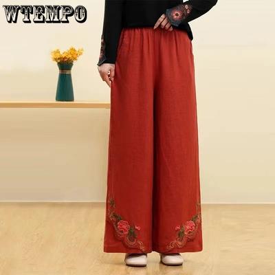 Ретро Китайский Стиль Свободные Вышитые Брюки Палаццо для Женщин С Высокой Посадкой Повседневные Брюки Прямые Брюки для Женщин