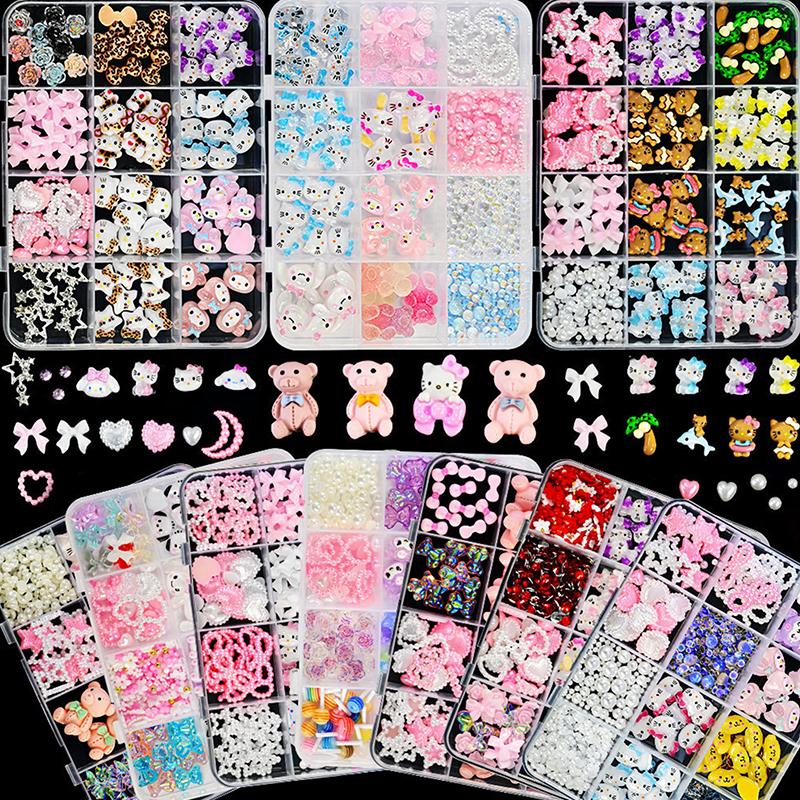 12 Ячеек Sanrio Hello Kitty Арт для Ногтей 3D Смешанные Ленты Банты Kt Кот Шармы для Ногтей Мультяшные Животные Детали для Ногтей Декоративные Аксессуары