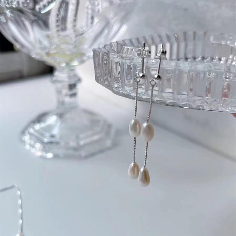 Women's S925 Sterling Silver Natural Freshwater Pearl Necklace Pear Earrings Sweater Chain Fashion Jewelry Set Women