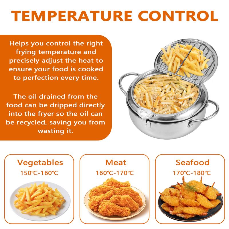 21/24/28 CM Deep Fryer Pot Stainless Steel Oil Pan with Strainer Basket and Thermometer Tempura Oil Fryer for Cooking Kitchen