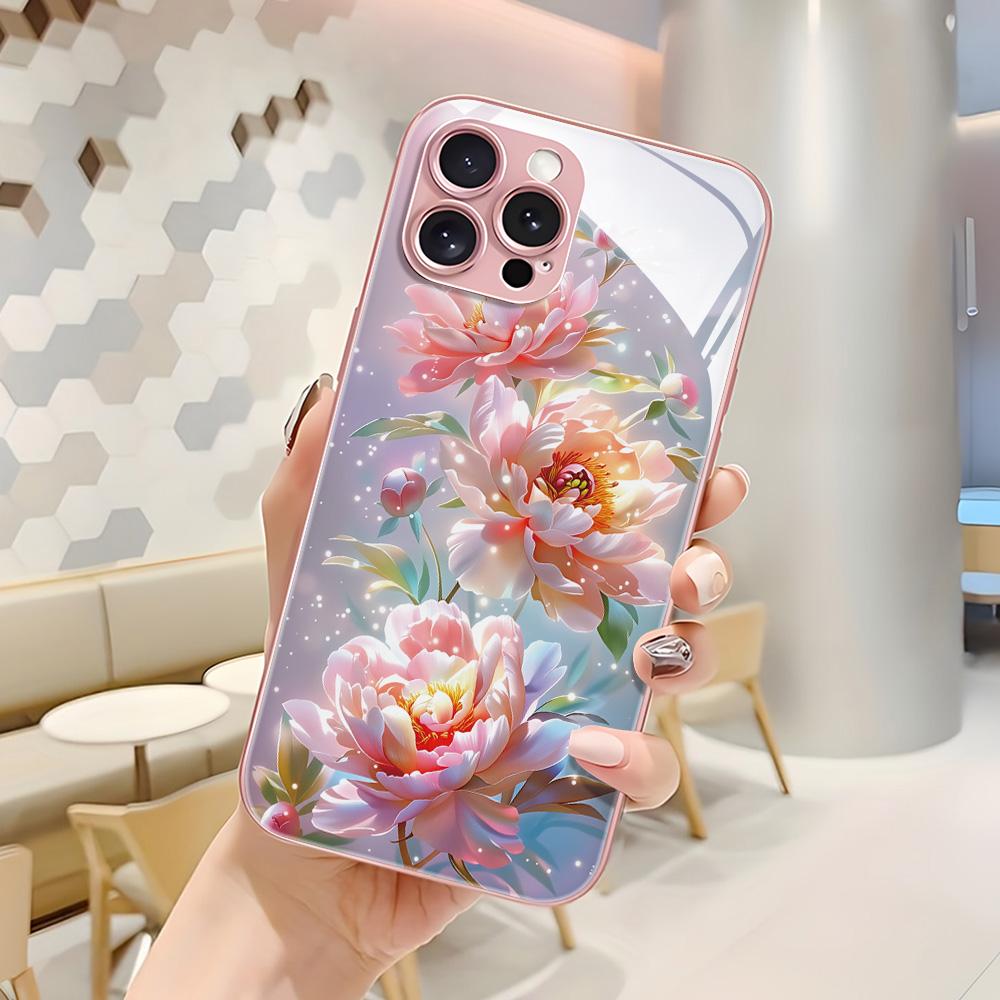 Чехол для телефона с ракушкой из розового и белого стекла Пион Для iPhone 17 17 Pro Max 17 Pro 16 13 Для iPhone 15 14 12 Air 11 Чехол с металлическим каркасом Funda