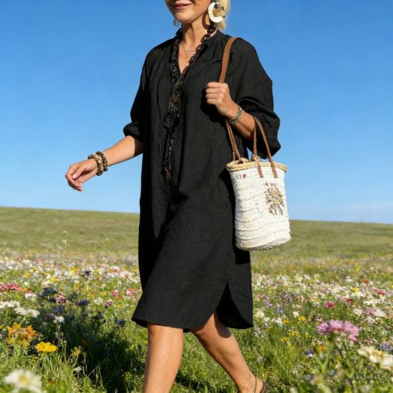 Хлопково-льняное платье для женщин Бохо Повседневное Пляжное Летнее платье с длинным рукавом V-образным вырезом Свободное платье