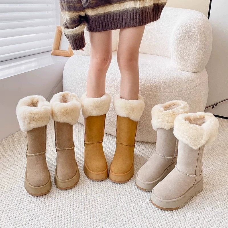 Women's Thick-soled Winter Furry Mouth Lightweight Warm Anti-cold Padded Snow Boots Non-slip Wear Casual Sneakers Long Cotton Boots