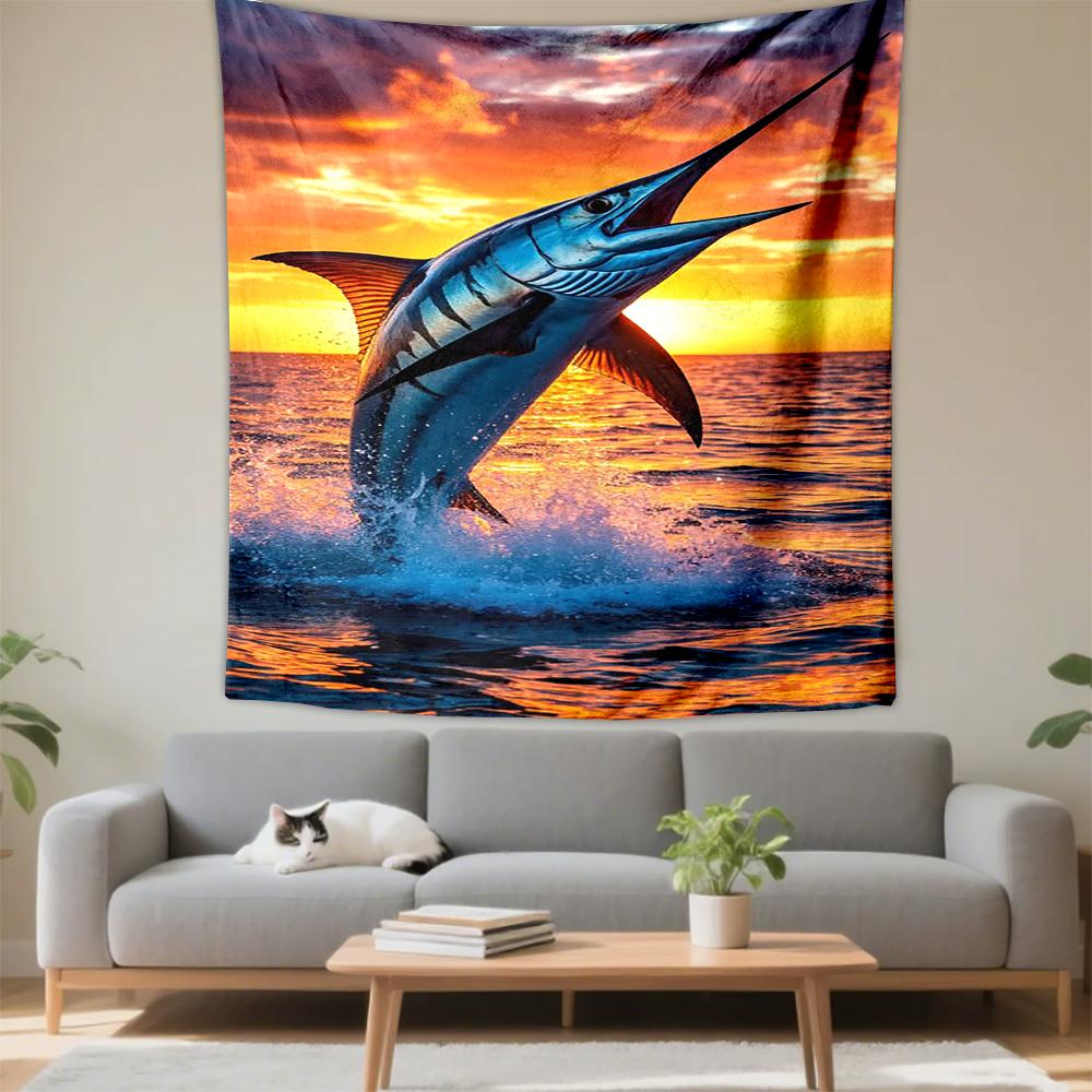 Tapestry Blue Marlin Sport Fish Jumping Ocean Sunset Deep Sea Fishing Wall Art for Man Cave Cabin Decor
