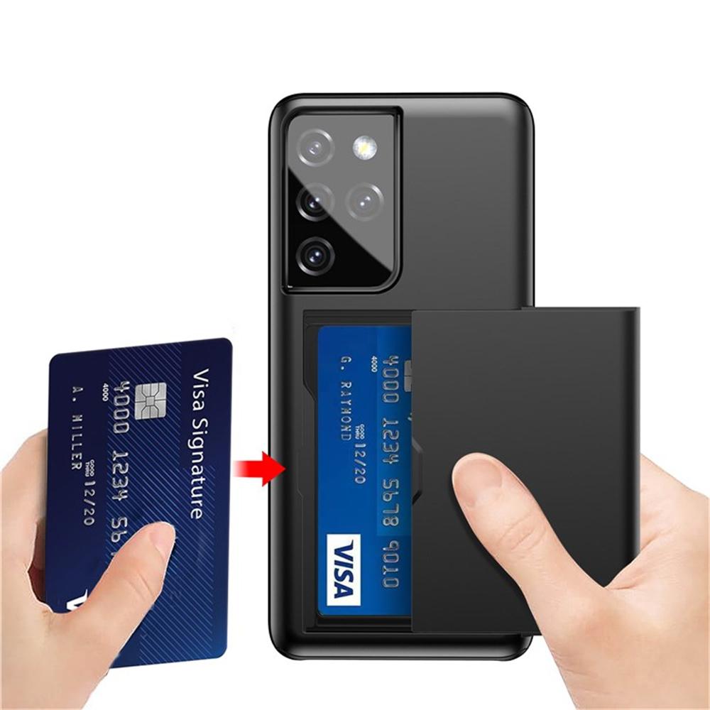 AMORUS For Samsung Galaxy S21 Ultra 5G Case with Sliding Card Holder PC TPU Phone Back Cover
