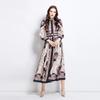 Лето Осень Женские Винтажные Принты Дизайнерские Подиумные Платья Воротник-стойка Однобортные Длинные Макси Праздничные Платья с Поясом