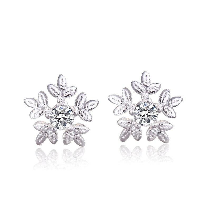 Simple 925 Sterling Silver Crystal Snowfake Stud Earrings for Women Prevent Allergy Brincos Pendientes A141
