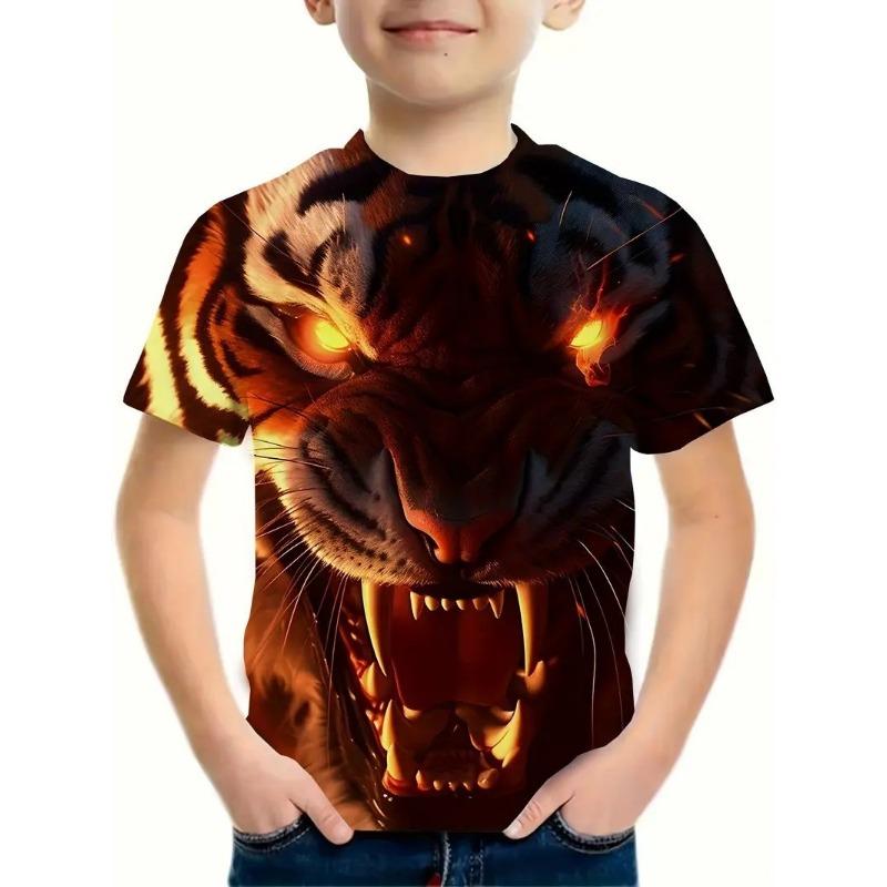 Детская футболка с 3D-принтом Детская одежда для мальчиков Летний отдых Футболка с короткими рукавами с 3D-принтом Животное Тигр Футболка