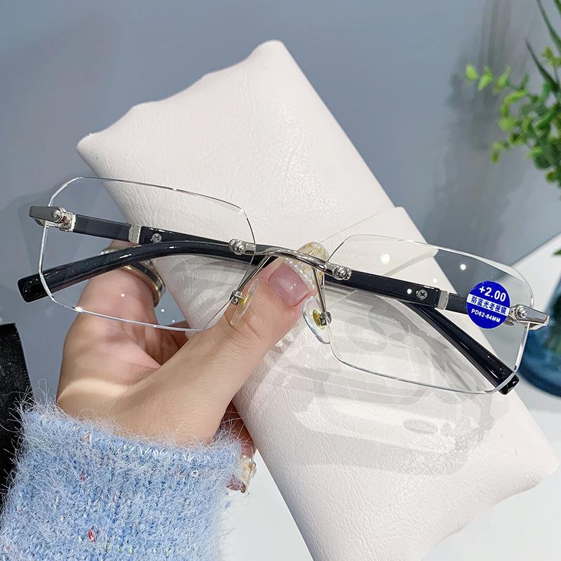 Fashion Blue Light Blocking Reading Glasses Business Small Square Cut Edges Frameless HD Mens Glasses