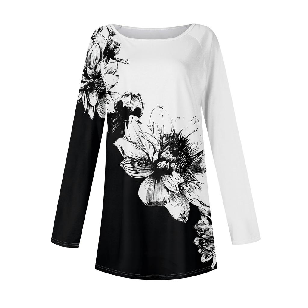 Women's Casual  Plus Size Long Sleeved Round Neck Printed T-shirt Top Pullover