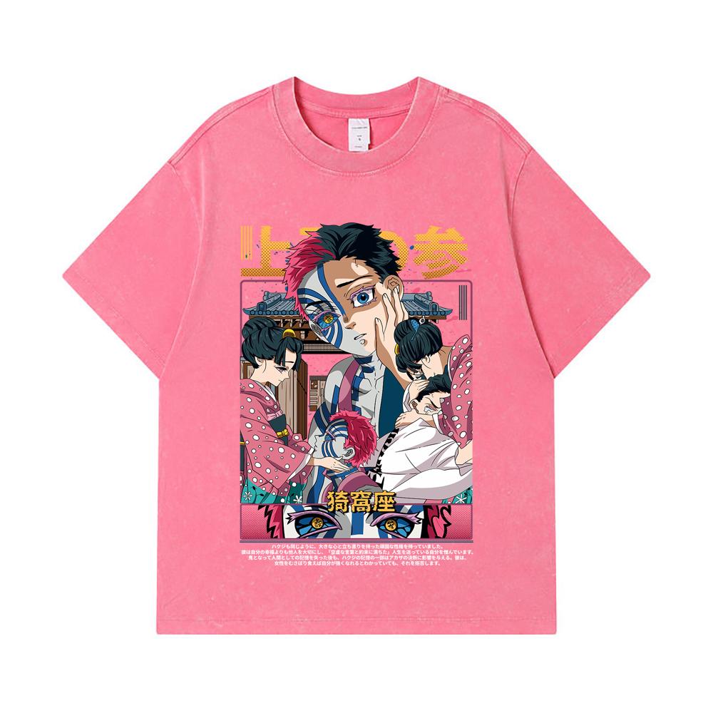 275 GSM Washed T-shirts 100% Cotton Demon Slayer V25 Akaza Print Unisex Heavy Cotton T Shirt