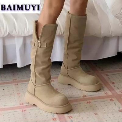 Модные меховые туфли на плоской подошве на платформе женские сапоги до колена брендовая обувь 2025 года тренд теплые короткие плюшевые замшевые сапоги челси зимние сапоги модные женские ботинки