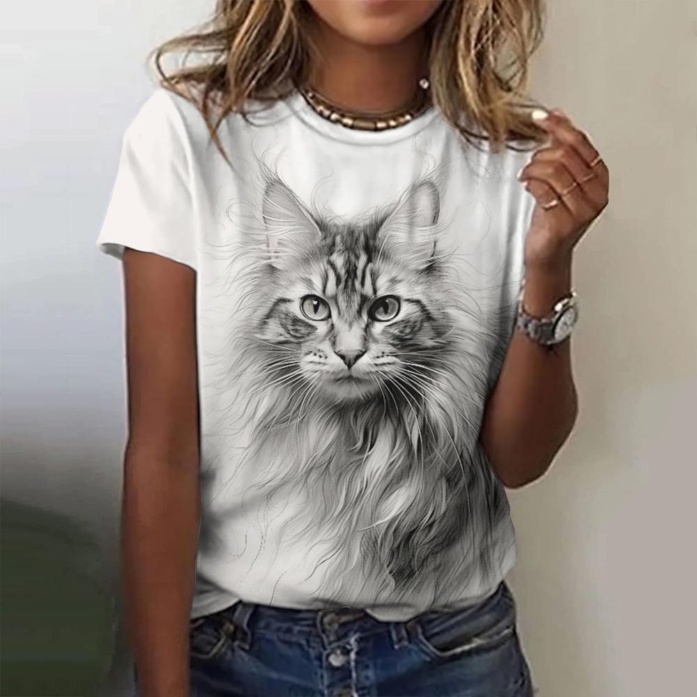 Женская футболка с принтом кота, повседневная футболка с коротким рукавом и 3D-принтом, модная уличная одежда, свитер с круглым вырезом, летняя женская свободная одежда