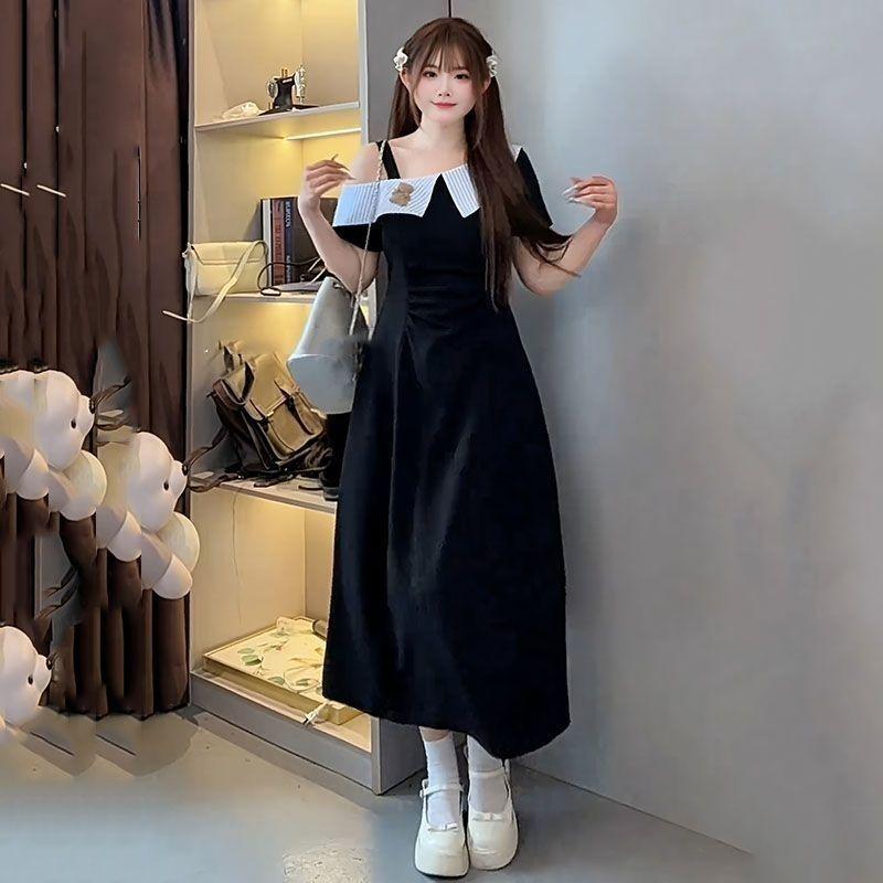 Large size French temperament dress summer short sleeves fat mm thin waist lapel off shoulder high-end skirt
