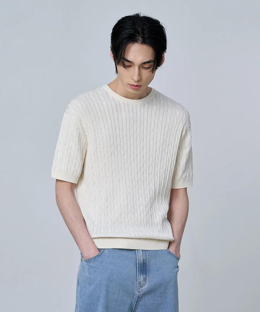 AGOD Cotton Modal Washable Crew Neck Cable Knit [Ivory]