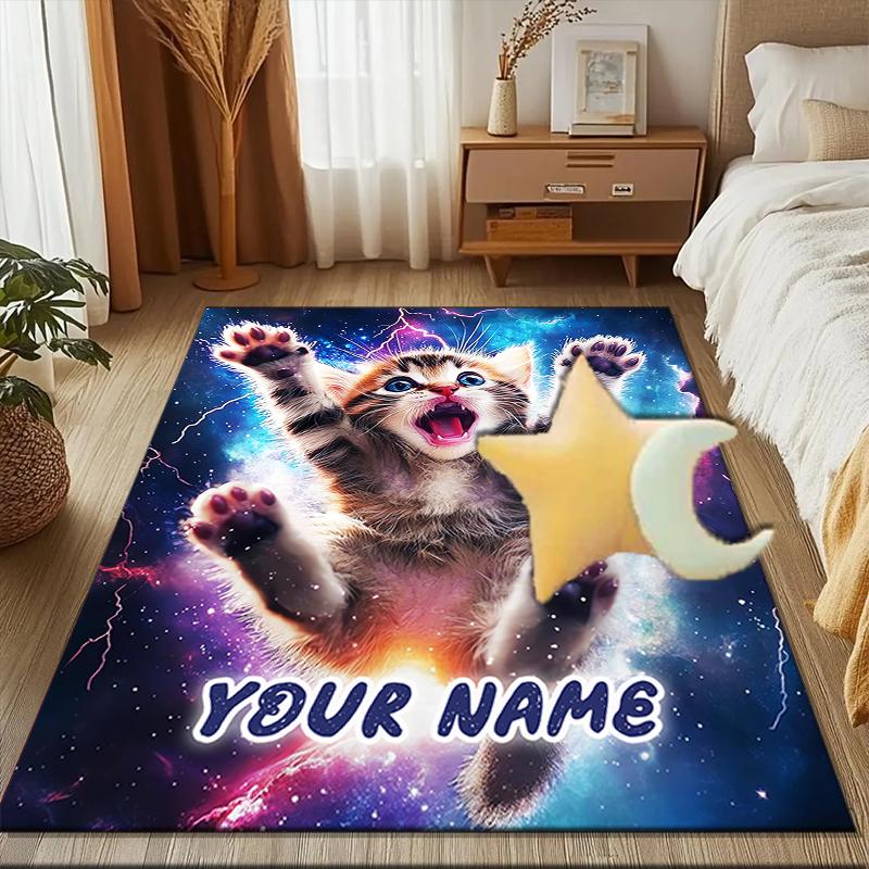 1PC Custom Name Space Kitten Adventure Theme Floor Mat Ideal for Living Room, Game Rooms, Office, Bedroom,Floor Mat Playful Design