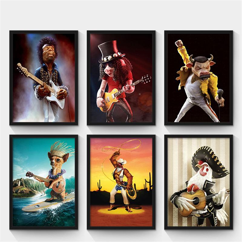 Скандинавская декоративная картина на холсте, мультяшные постеры, г-н. Свинья, крупный рогатый скот, петух и собака, играющая на гитаре для детской спальни