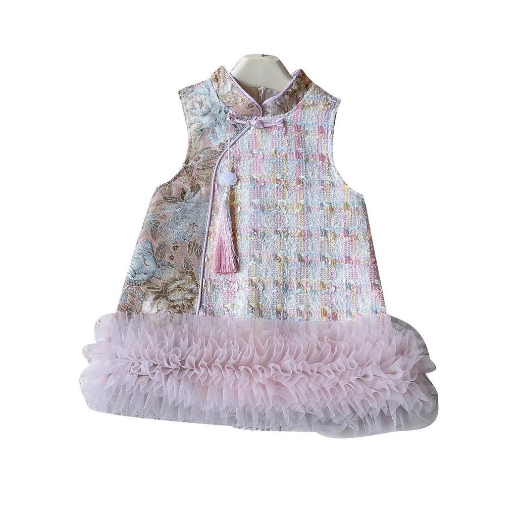 Зимнее платье ханьфу ципао без рукавов для девочек с сетчатой юбкой