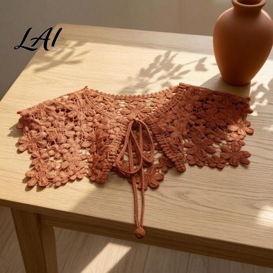 Vintage Style Hollow Shawl Crochet Flower False Collar for Women Retro Floral Detachable Fake Neck Accessory with Adjustable Ties Soft Decorative