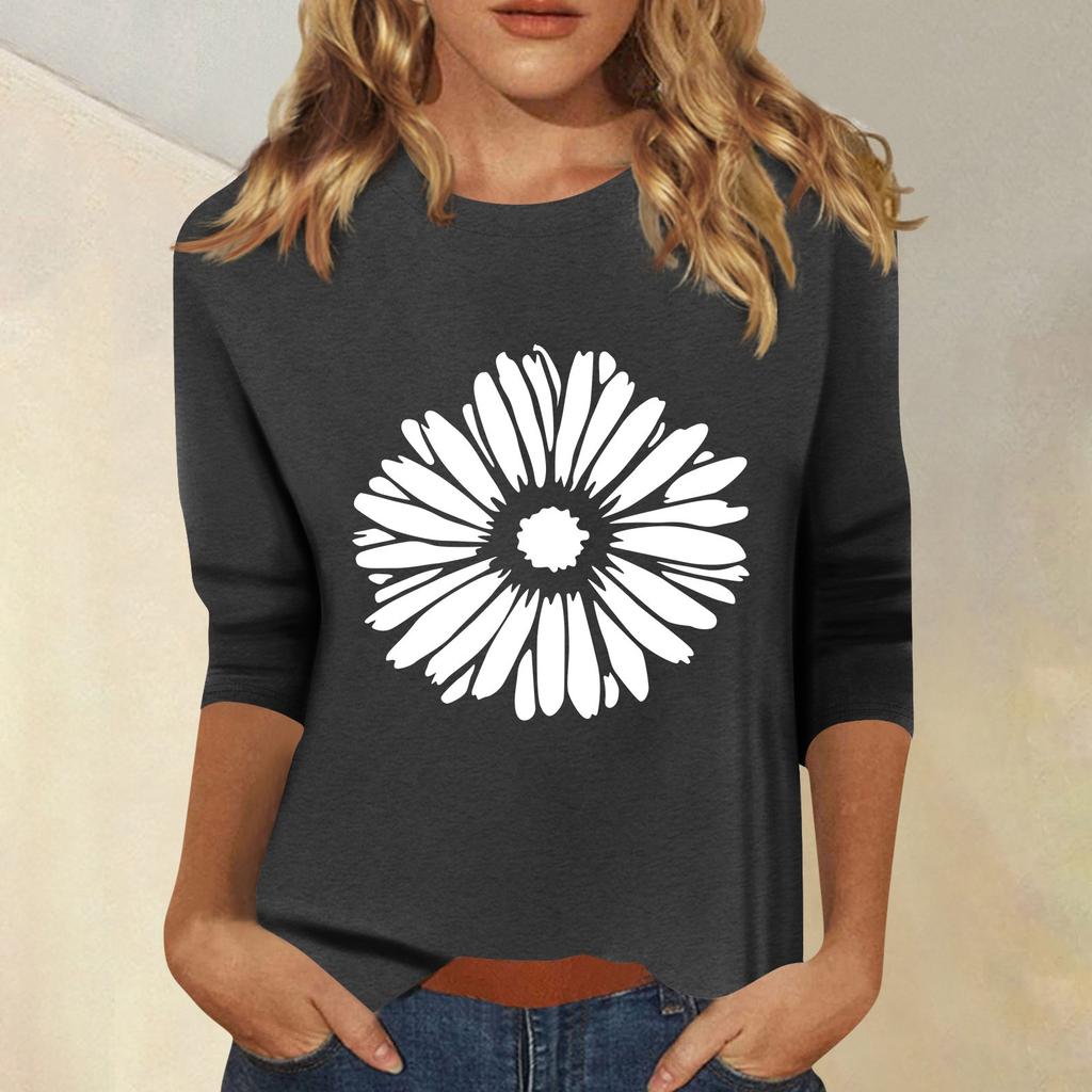 Женская мода повседневный принтованный топ с семью рукавами и круглым вырезом