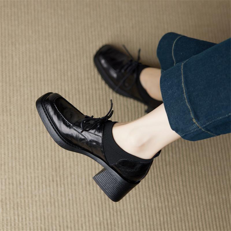 Модные новые весенне-осенние женские туфли из натуральной кожи, лоферы с квадратным носком, женские туфли на шнуровке, на массивном высоком каблуке