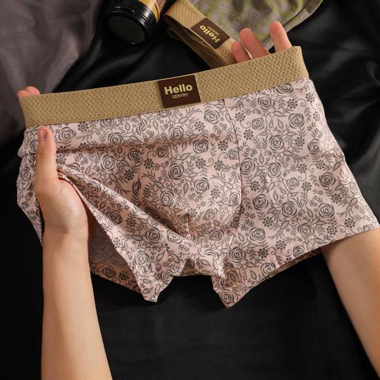 Мужское нижнее белье боксеры со средней посадкой, эластичным поясом, U-выпуклыми трусами, с цветочным узором, пижамное нижнее белье для повседневной носки