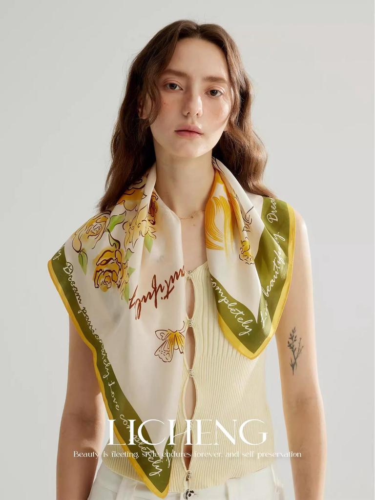 Yang Caiyu Style Striped Silk Square Scarf - Summer Sunscreen Accessory & Headband