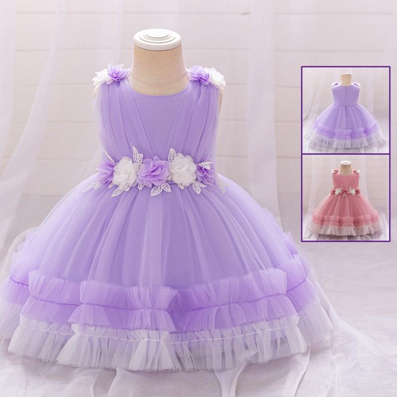 Girls Princess Dress Sleeveless Tulle Gown With 3D Floral Applique Toddler Baby Kids