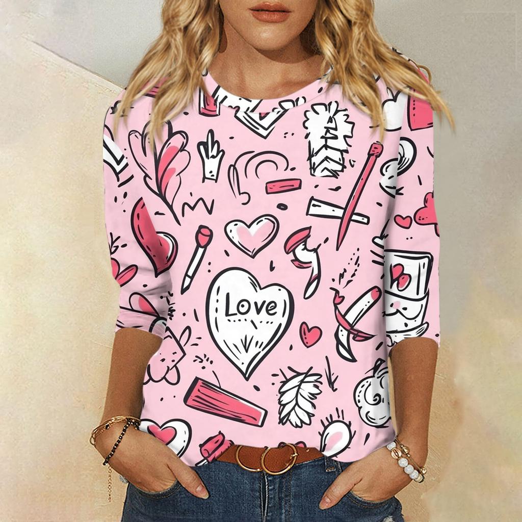 Женская мода, повседневная свободная футболка с принтом на День святого Валентина и круглым вырезом, рукав 3/4, женский топ