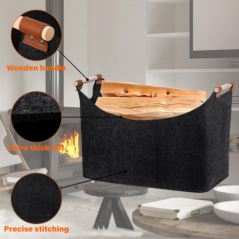 Felt Basket Firewood Box with Wooden Handles Foldable Firewood Basket Storage Basket for Firewood Wood Newspapers Clothes