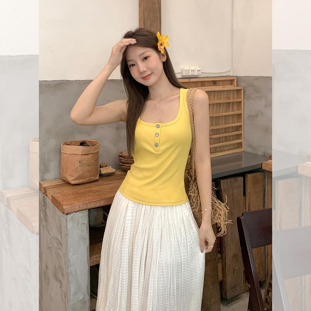Pure desire u-neck button exposed clavicle sling vest women's summer new slim fit short sleeveless top