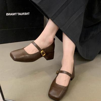 Туфли Мэри Джейн из маленькой кожи, французский ретро, фея, мягкая кожа, весна и осень, квадратный носок, мелкий вырез, новая вечерняя прохлада, толстый каблук, одинарные туфли