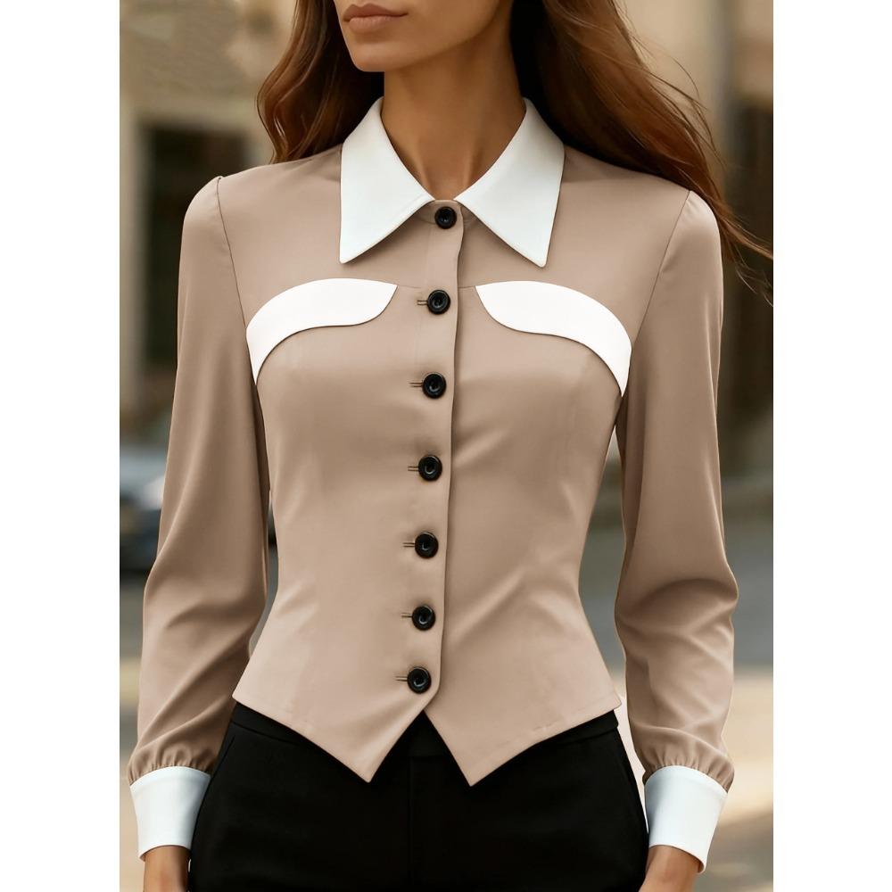 Women’s Commuter-Style Colour-Blocked, Fitted, Versatile and Slimming Long-Sleeved Shirt