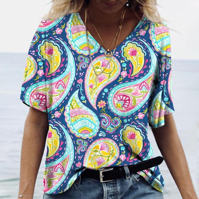 Винтажный топ с принтом, женская уличная одежда с короткими рукавами, летняя футболка, женская модная повседневная футболка с v-образным вырезом, женская одежда большого размера Y2k