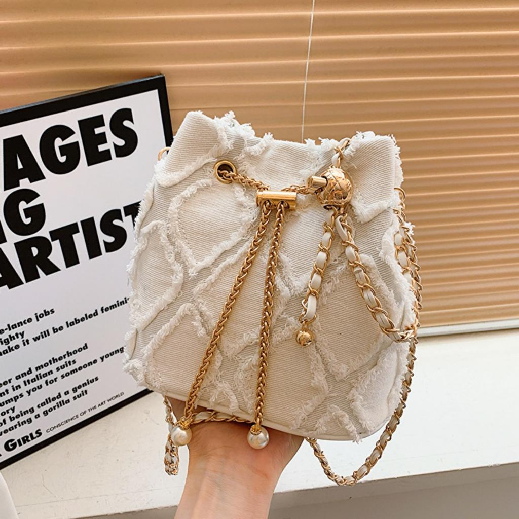 Ling Grid Chain Bucket Bag, Simple Crossbody Bag, Women's Trendy Drawstring Tassel Shoulder Bag