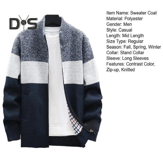 Men Autumn Winter Sweater Coat Stand Collar Thick Plush Color Matching Knitted Elastic Zip-up Long Sleeves Pockets Mid Length Daily Wear Jacket