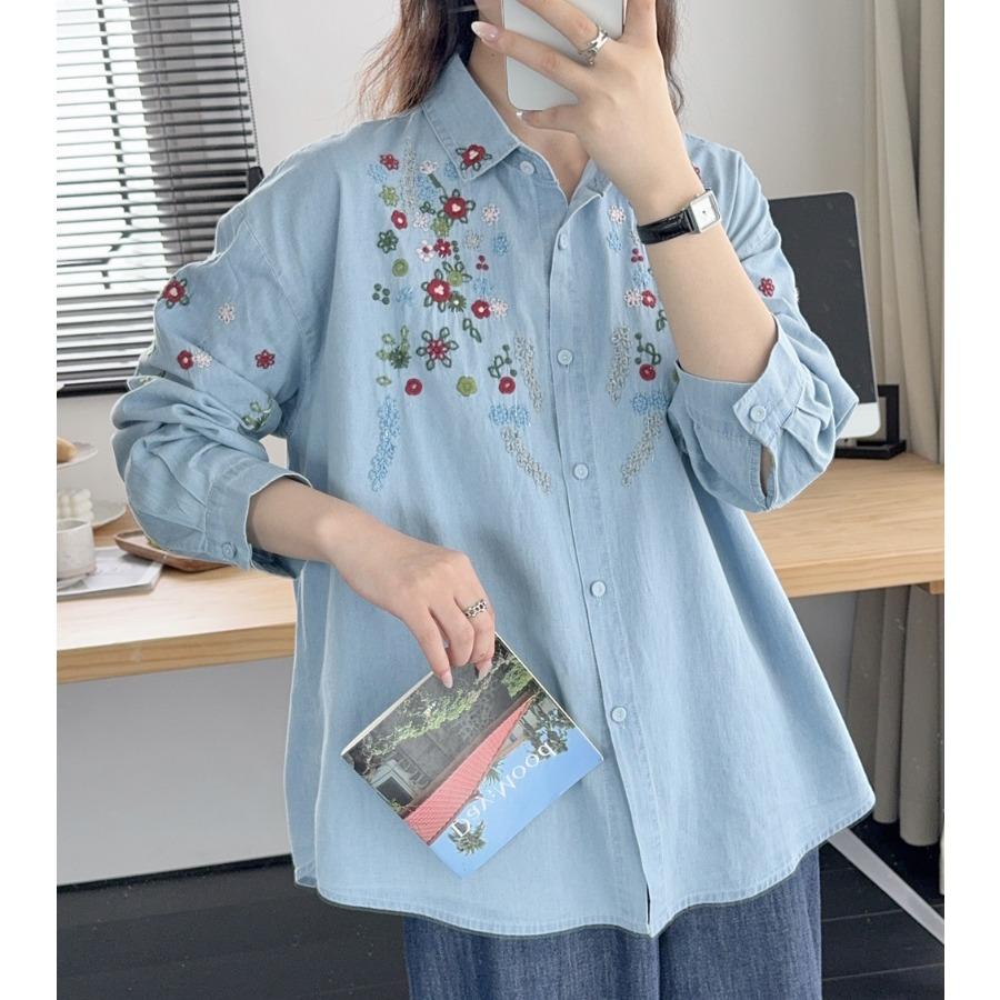 Вышитые рубашки с длинным рукавом из выстиранного денима с лацканами для женщин, весна-осень, новая японская художественная милая однобортная рубашка с вышивкой