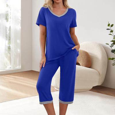 Женский пижамный комплект с коротким рукавом, V-образным вырезом и широкими укороченными брюками, комплект из 2 предметов для дома, повседневная летняя одежда для сна с карманами