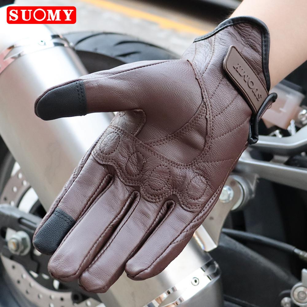 Suomy Vintage Leather Motorcycle Gloves Full Finger Motorbike Equipment Women Men Brown ATV Rider Sports Protect Glove Guantes