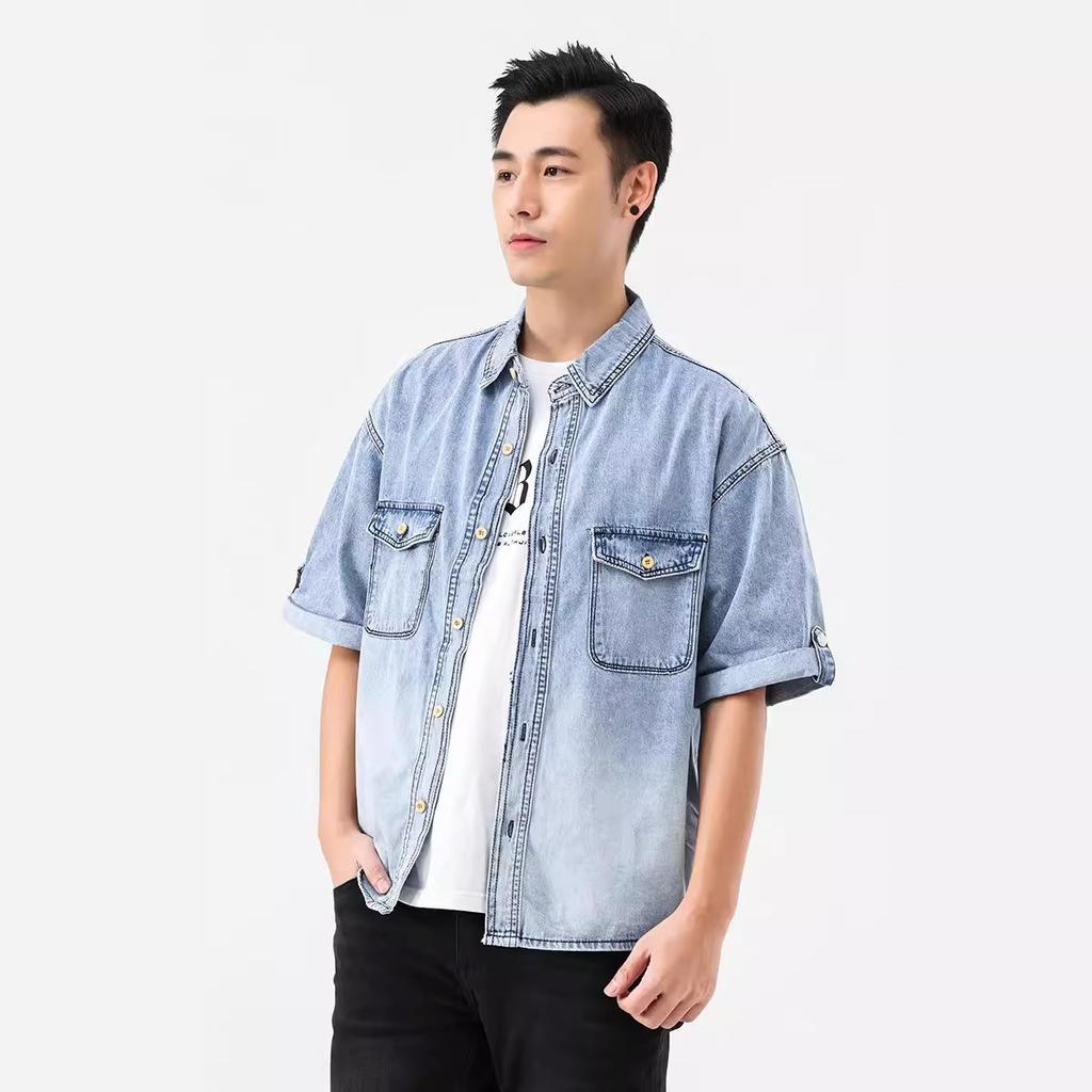Summer Washed Fashion Jacket Short-Sleeved Men'S Jacket With Thread Lapel Slim-Fitting Simple Casual Denim Shirt