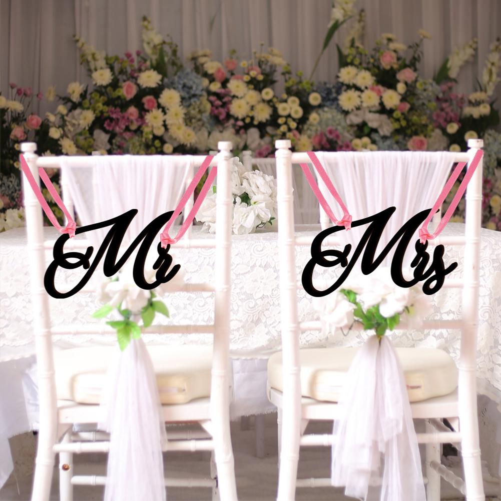 1 Pair Wooden Chair Signs Mr Mrs Chair Back Hanging Pendant With Ribbon Chair Decor For Wedding Decorations