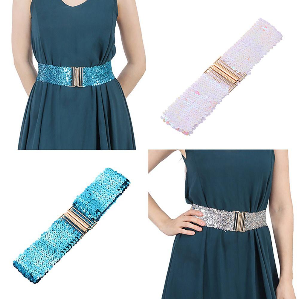 Eye Catching Shinny Waistband Gold Buckle Disc Belts Special Design Sequin Stretch Belt Women Girl