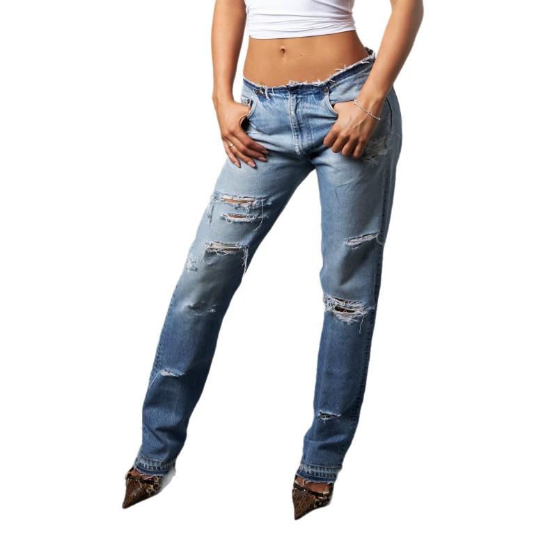 Washed Distressed Raw Hem Jeans Y2K Low Rise Straight Leg Denim Pants Women