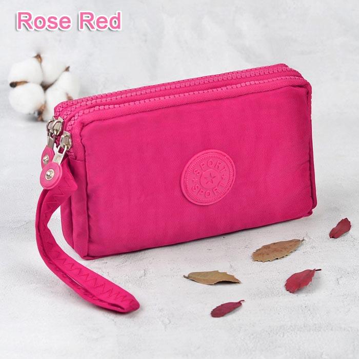 Solid Color Coin Purse Women Handbag Small Wallet Wrinkle Fabric Phone Purse Three Zippers Portable Make Up Bag
