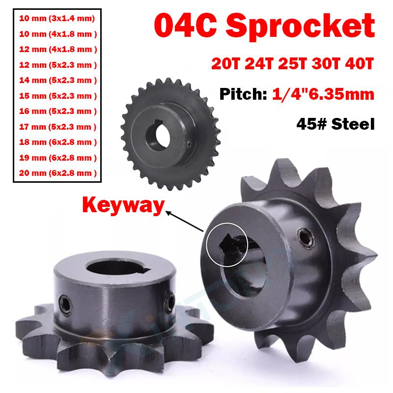 1PCS #25 Roller Chain Sprocket With Keyway 20/24/25/30/40 Tooth Bore 10mm to 20 Pitch 1/4" 6.35mm For 04C Chain