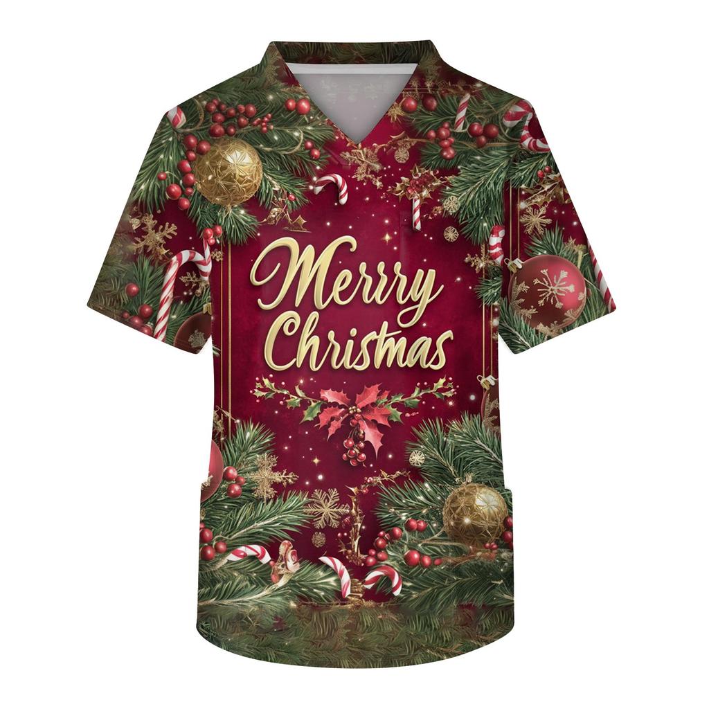 Мужской топ с коротким рукавом, V-образным вырезом, рождественским принтом и нагрудным карманом