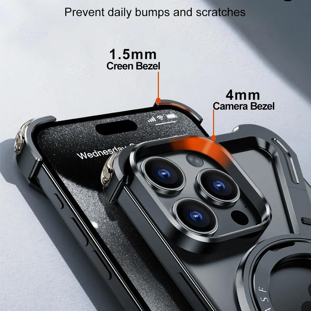 Z Shape Aluminum Alloy Rimless Magnetic Phone Case for IPhone 15 13 14 Pro Max Metal Stand Magsafe Buffer Shockproof Hard Cover for Samsung S24 Utlra