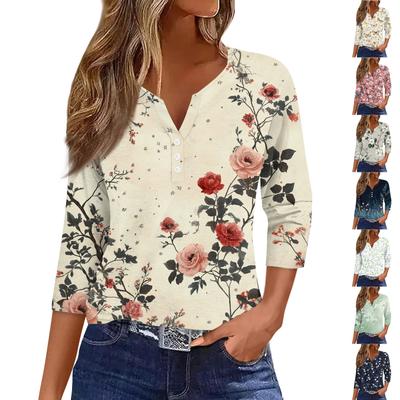 Женская модная повседневная футболка с цветочным принтом, V-образным вырезом, декоративными пуговицами и рукавом три четверти