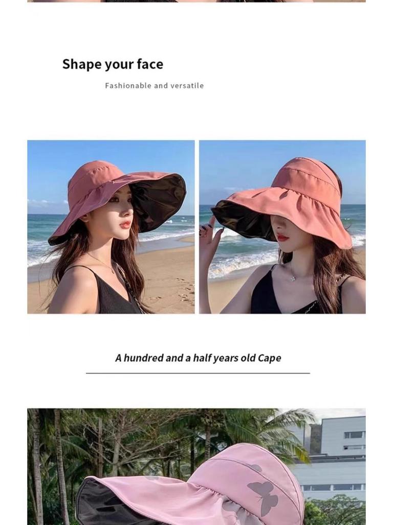 2025 Black Vinyl Wide Brim Open-Top Sun Hat with UV Protection and Heat Insulation